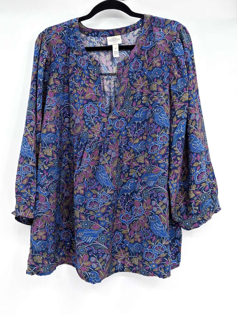 St. John's Bay Womens Floral Birds Peasant Babydoll Top Blouse Country Size 2X